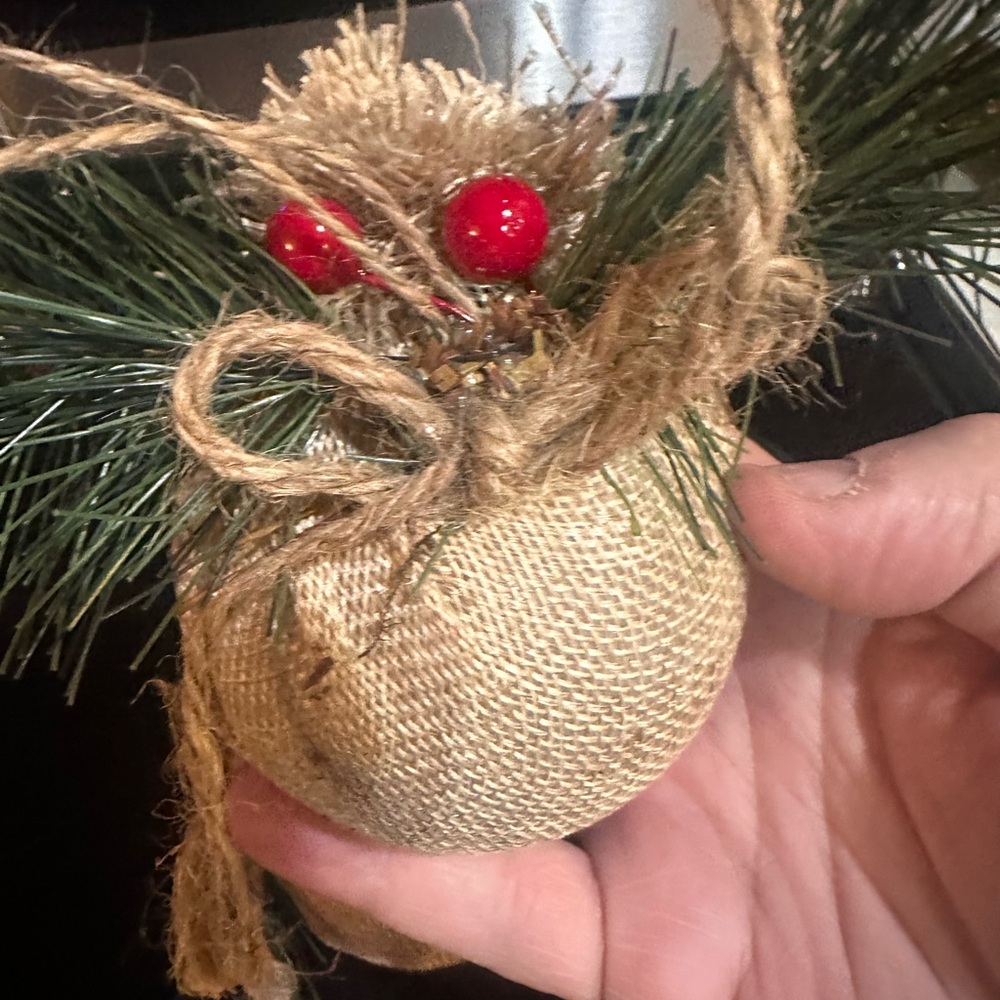 Burlap Ornaments with Pine and Red Accents
